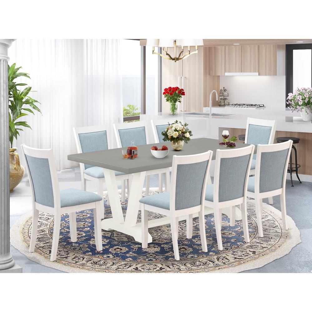 East West Furniture 9-Pc Kitchen Table Set Consists of a Dining Table and 8 Baby Blue Linen Fabric Dining Room Chairs with Stylish Back - Wire Brushed Linen White Finish