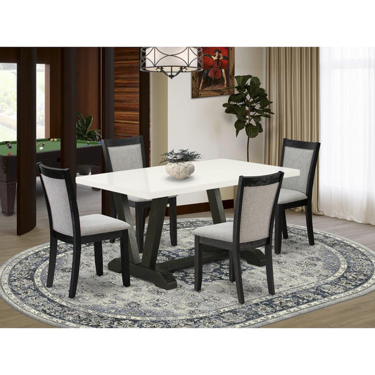 V626MZ606-5 5 Piece Table Set - Linen White Kitchen Table with 4 Shitake Linen Fabric Parson Chairs - Wire Brushed Black Finish