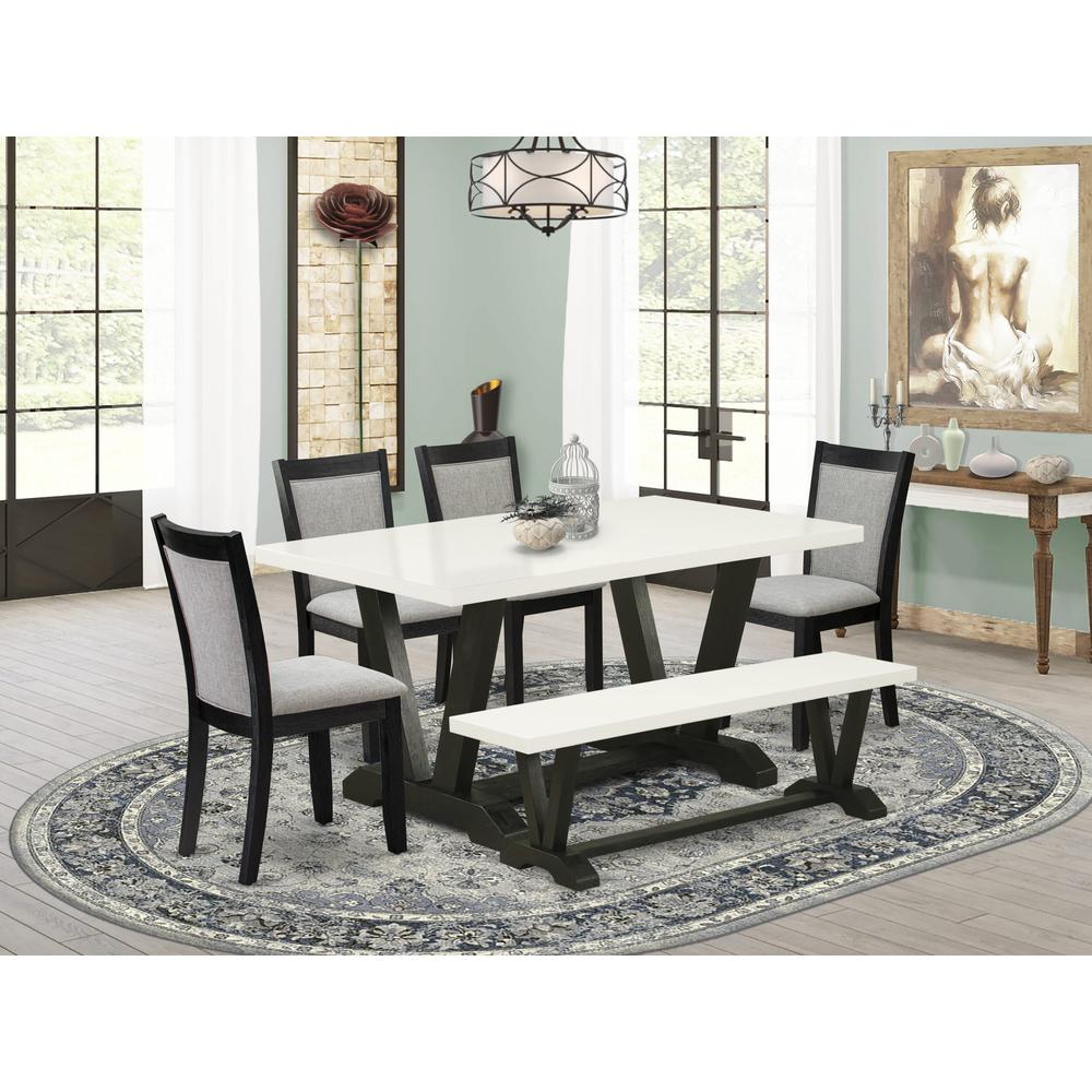 V626MZ606-6 6 Pc Dinette Set - Linen White Dining Table with a Small Wood Bench and 4 Shitake Chairs - Wire Brushed Black Finish