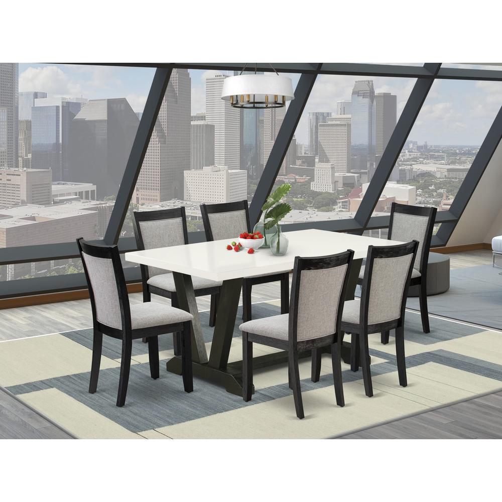 V626MZ606-7 7 Pc Dinner Table Set - Linen White Dining Table with 6 Shitake Wooden Dining Chairs - Wire Brushed Black Finish