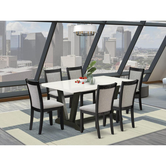 V626MZ606-7 7 Pc Dinner Table Set - Linen White Dining Table with 6 Shitake Wooden Dining Chairs - Wire Brushed Black Finish