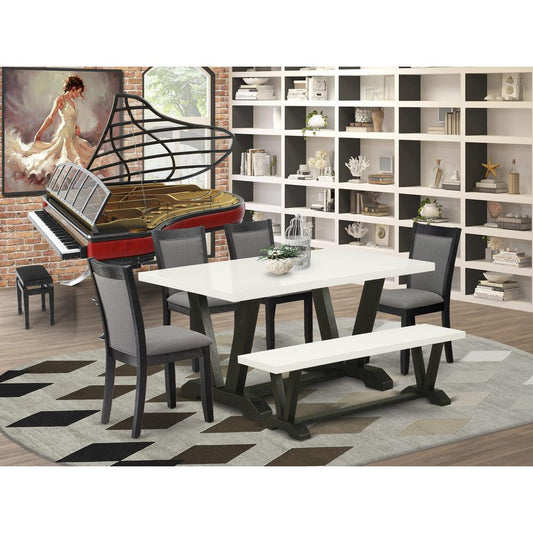 V626MZ650-6 6 Pc Dinette Set - Linen White Table with Dining Room Bench and 4 Dark Gotham Grey Chairs - Wire Brushed Black Finish