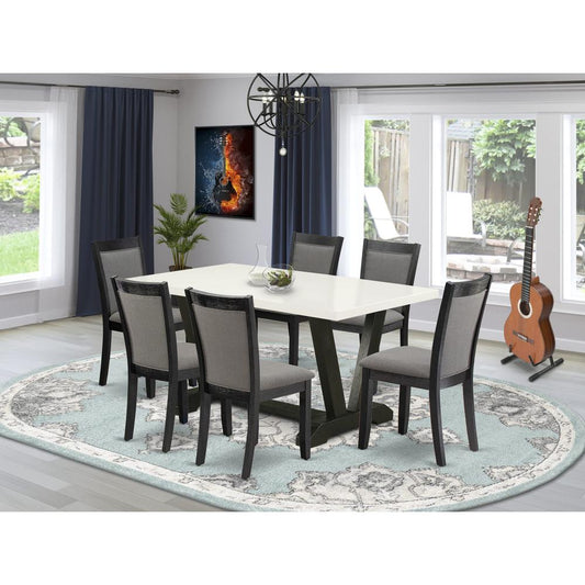 V626MZ650-7 7 Pc Table Set - Linen White Dinner Table with 6 Dark Gotham Grey Parson Chairs - Wire Brushed Black Finish