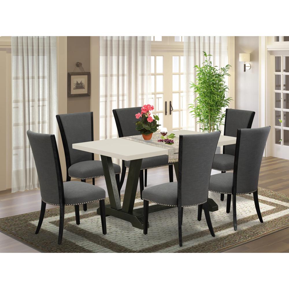 East West Furniture 7 Piece Dining Room Table Set Consists of a Linen White Wooden Table and 6 Dark Gotham Grey Linen Fabric Dining Chairs with High Back - Wire Brushed Black Finish