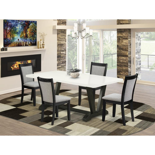 V627MZ606-5 5 Pc Dining Table Set - Linen White Dining Table with 4 Shitake Linen Fabric Parson Chairs - Wire Brushed Black Finish