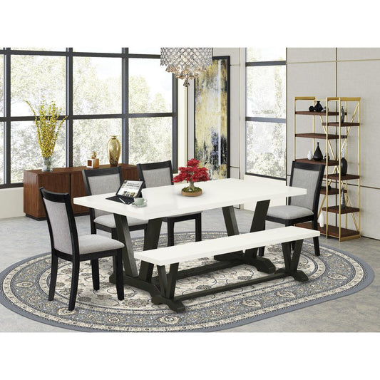 V627MZ606-6 6 Pc Kitchen Table Set - Linen White Table with Bench and 4 Shitake Dining Chairs - Wire Brushed Black Finish