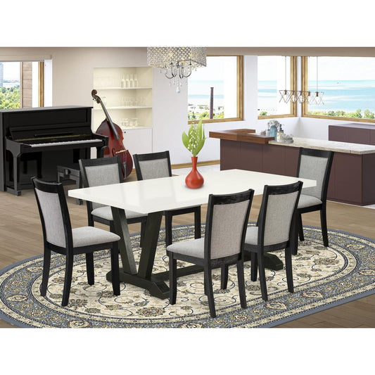 V627MZ606-7 7 Pc Dining Room Set - Linen White Dining Table with 6 Shitake Dining Chairs - Wire Brushed Black Finish