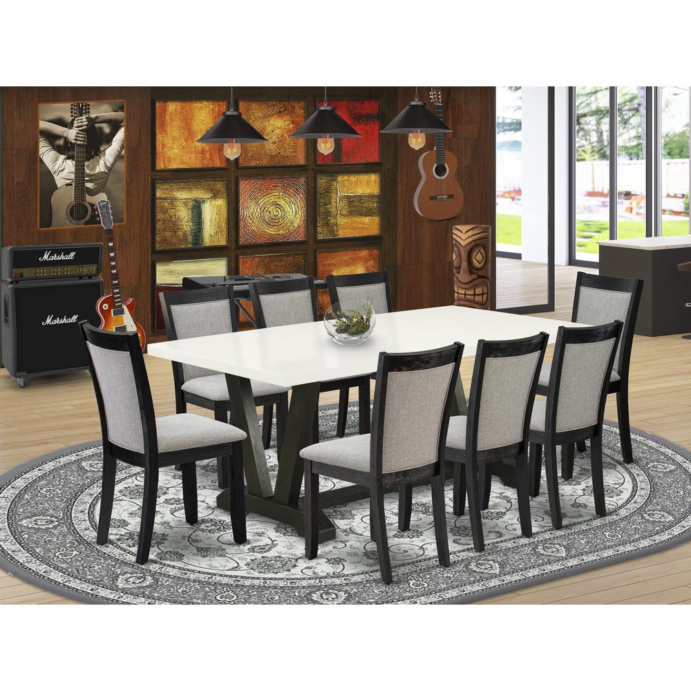 V627MZ606-9 9 Pc Dining Set - Linen White Dining Table with 8 Shitake Dining Room Chairs - Wire Brushed Black Finish