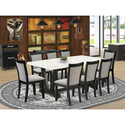 V627MZ606-9 9 Pc Dining Set - Linen White Dining Table with 8 Shitake Dining Room Chairs - Wire Brushed Black Finish