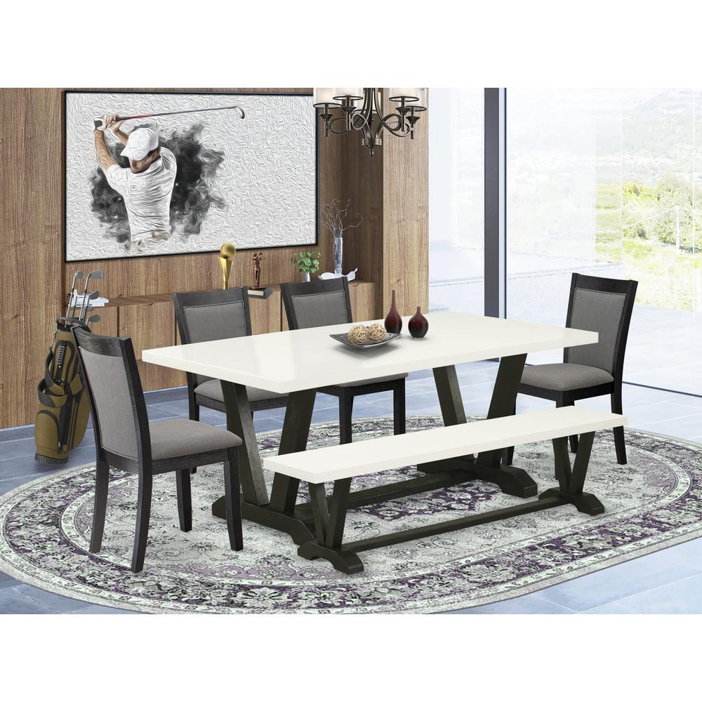 V627MZ650-6 6 Pc Table Set - Linen White Dining Table with Rustic Bench and 4 Dark Gotham Grey Chairs - Wire Brushed Black Finish