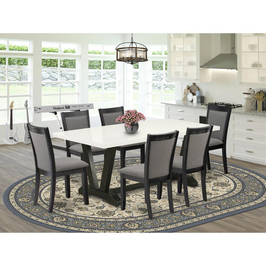 V627MZ650-7 7 Piece Kitchen Table Set - Linen White Dinner Table with 6 Dark Gotham Grey Dining Chairs - Wire Brushed Black Finish