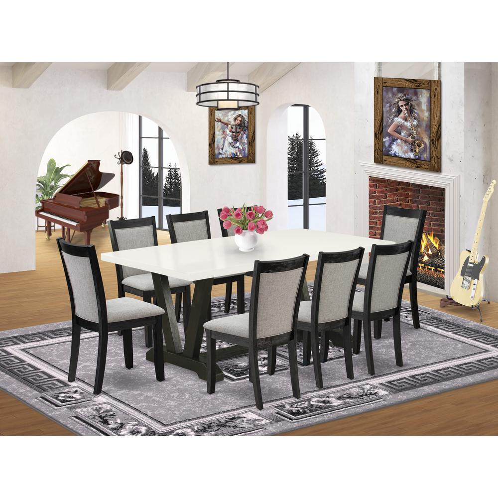 V627MZ650-9 9 Pc Table Set - Linen White Dinner Table with 8 Dark Gotham Grey Dinning Chairs - Wire Brushed Black Finish