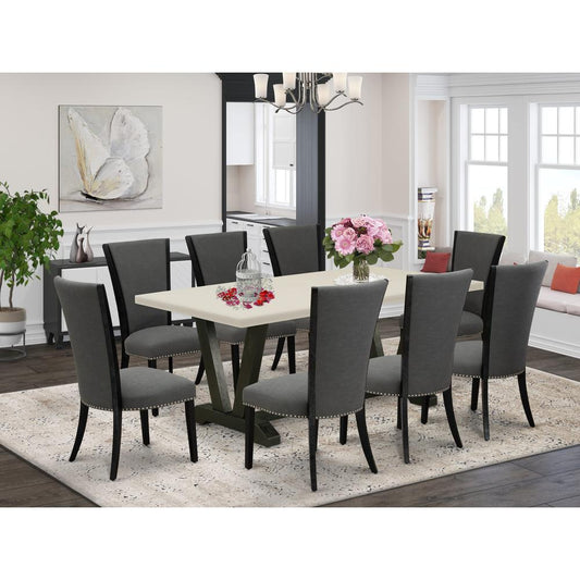 East West Furniture 9 Piece Dining Room Table Set Includes a Linen White Dining Room Table and 8 Dark Gotham Grey Linen Fabric Dining Chairs with High Back - Wire Brushed Black Finish