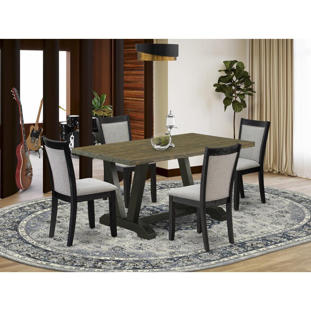 V676MZ606-5 5 Piece Kitchen Table Set - Distressed Jacobean Dining Room Table with 4 Shitake Chairs - Wire Brushed Black Finish