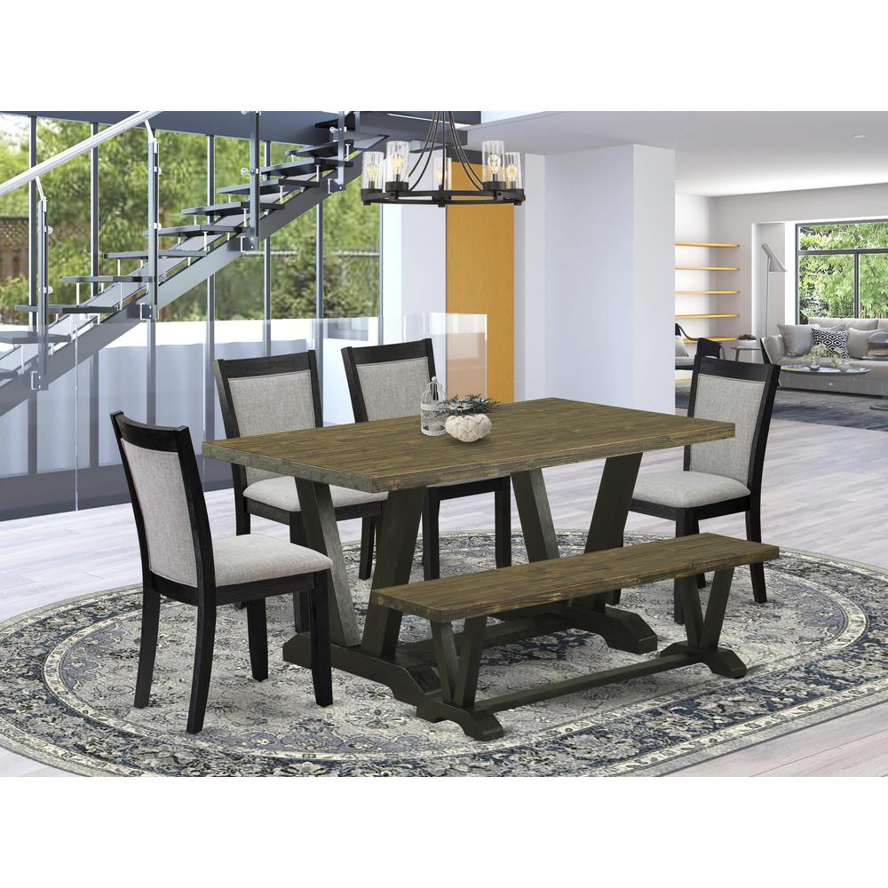 V676MZ606-6 6 Pc Dining Table Set - Distressed Jacobean Dinner Table with a Bench and 4 Shitake Chairs - Wire Brushed Black Finish