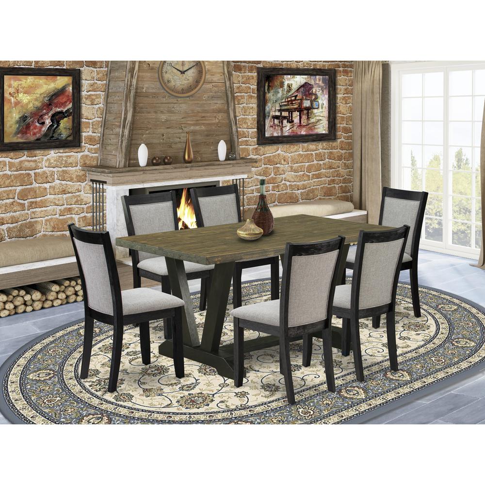 V676MZ606-7 7 Pc Dinette Set - Distressed Jacobean Wood Table with 6 Shitake Kitchen Chairs - Wire Brushed Black Finish