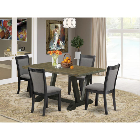 V676MZ650-5 5 Piece Dining Set - Distressed Jacobean Table with 4 Dark Gotham Grey Linen Fabric Chairs - Wire Brushed Black Finish