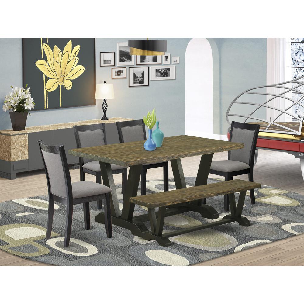 V676MZ650-6 6 Pc Dining Set - Distressed Jacobean Table with Bench and 4 Dark Gotham Grey Chairs - Wire Brushed Black Finish