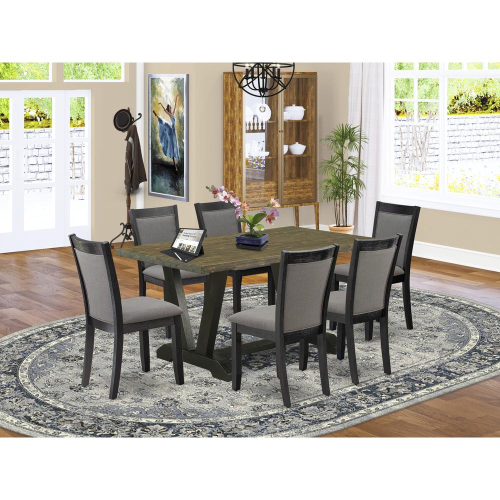 V676MZ650-7 7 Pc Dinette Set - Distressed Jacobean Table with 6 Dark Gotham Grey Linen Fabric Chairs - Wire Brushed Black Finish