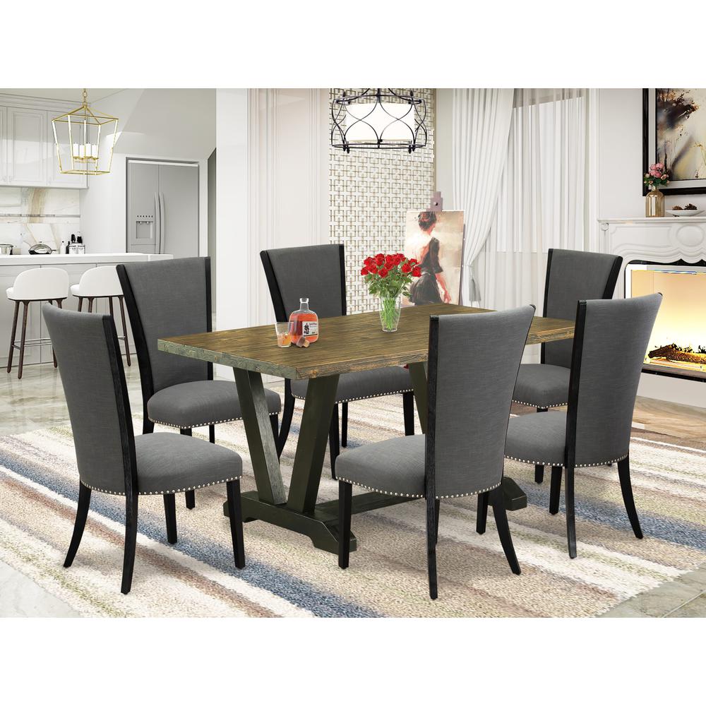 East West Furniture 7 Piece Dining Set Contains a Distressed Jacobean Wooden Dining Table and 6 Dark Gotham Grey Linen Fabric Dining Chairs with High Back - Wire Brushed Black Finish