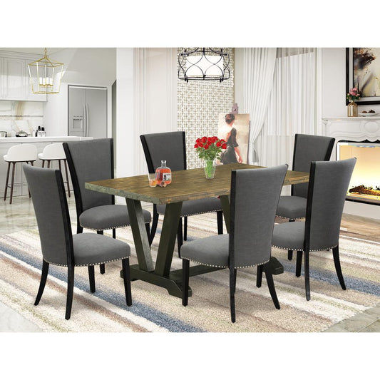 East West Furniture 7 Piece Dining Set Contains a Distressed Jacobean Wooden Dining Table and 6 Dark Gotham Grey Linen Fabric Dining Chairs with High Back - Wire Brushed Black Finish