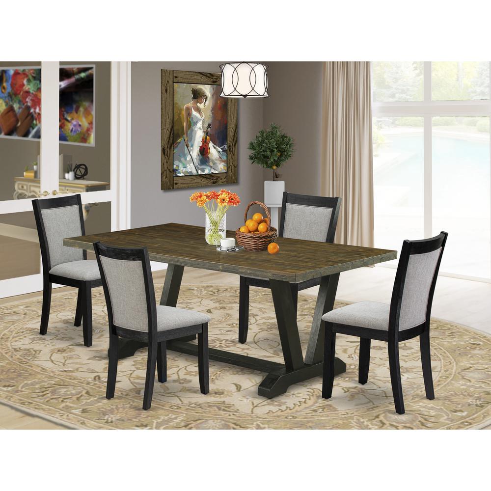 East West Furniture 5 Piece Kitchen Dining Table Set - A Distressed Jacobean Top Wood Table with Trestle Base and 4 Shitake Linen Fabric Modern Dining Chairs - Wire Brushed Black Finish