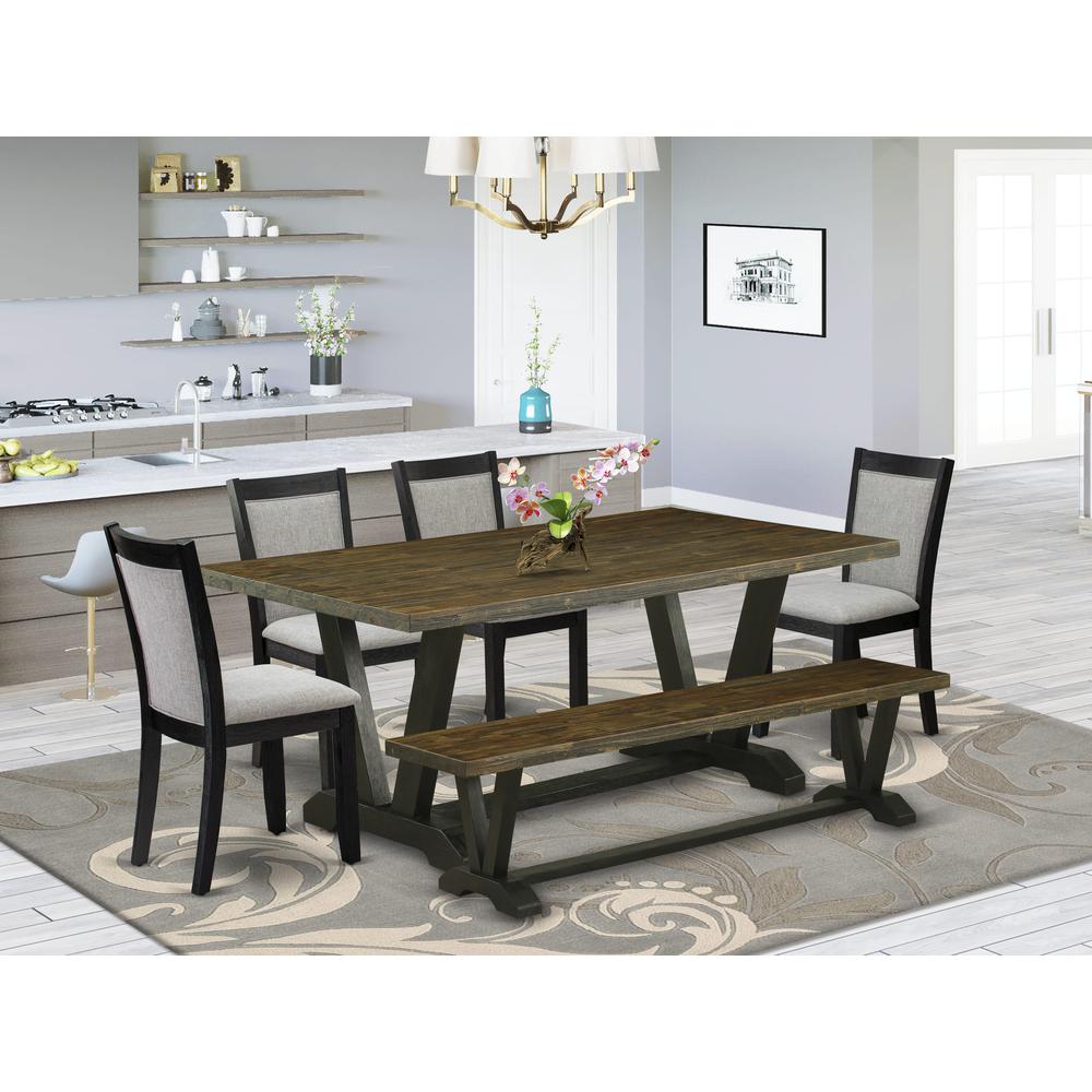 East West Furniture 6 Pc Dining Table Set - Distressed Jacobean Top Dinner Table with a Bench and 4 Shitake Linen Fabric Parson Chairs - Wire Brushed Black Finish