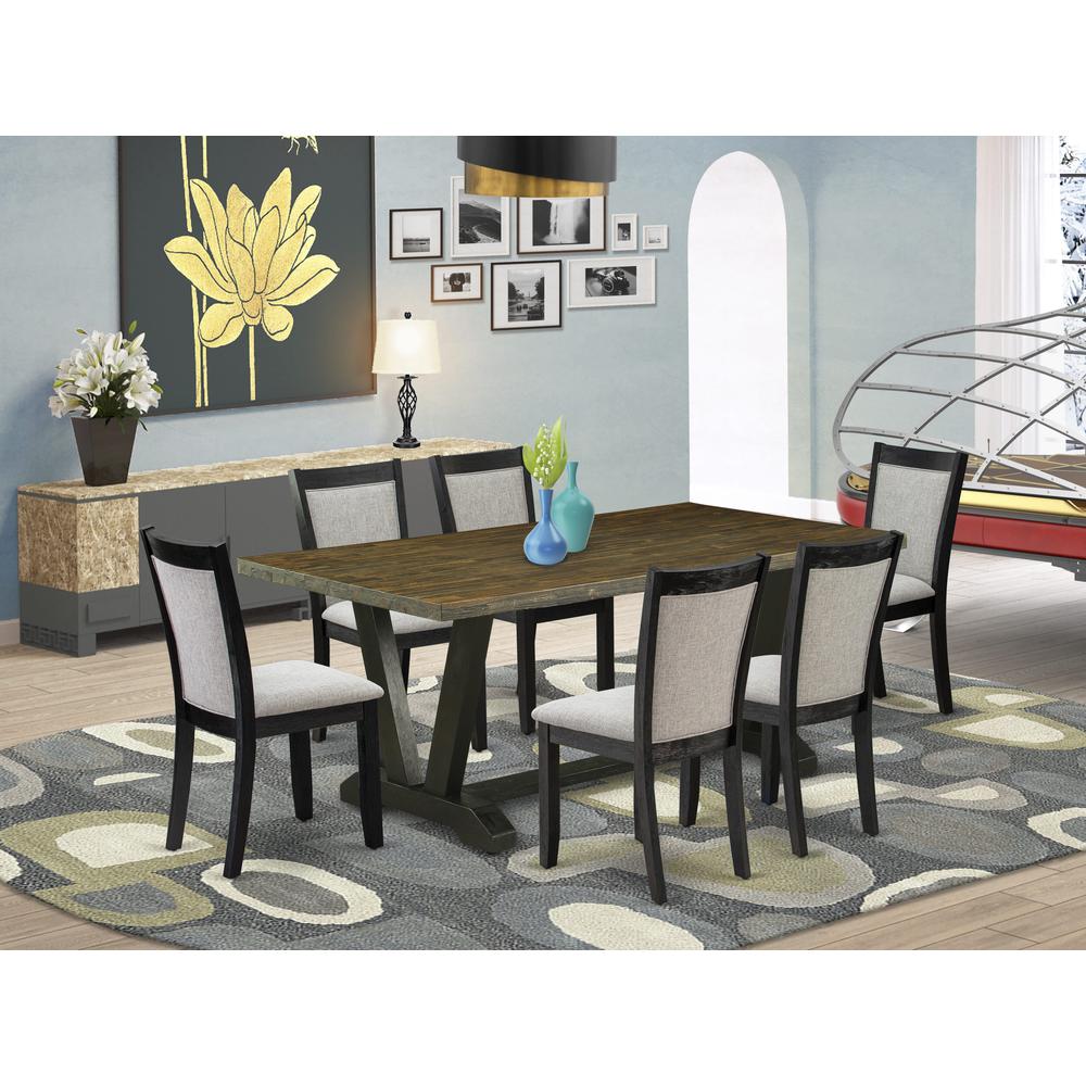 East West Furniture 7 Piece Mid Century Dining Set - Distressed Jacobean Top Dining Room Table with Trestle Base and 6 Shitake Linen Fabric Dining Chairs - Wire Brushed Black Finish