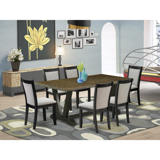 East West Furniture 7 Piece Mid Century Dining Set - Distressed Jacobean Top Dining Room Table with Trestle Base and 6 Shitake Linen Fabric Dining Chairs - Wire Brushed Black Finish