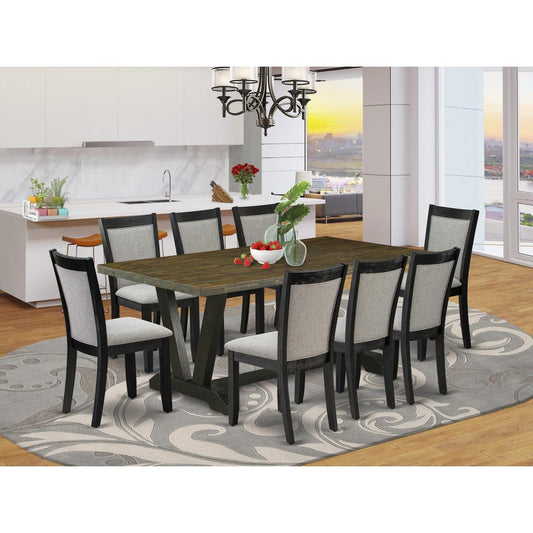 East West Furniture 9 Piece Kitchen Table Set - A Distressed Jacobean Top Wood Table with Trestle Base and 8 Shitake Linen Fabric Modern Dining Chairs - Wire Brushed Black Finish