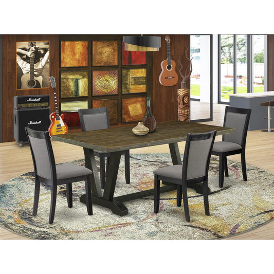 East West Furniture 5 Pc Dinner Table Set - Distressed Jacobean Top Dining Table with Trestle Base and 4 Dark Gotham Grey Linen Fabric Parson Chairs - Wire Brushed Black Finish