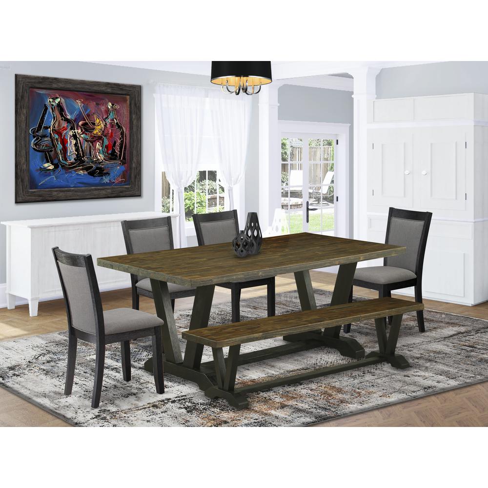 East West Furniture 6 Piece Table Set - A Distressed Jacobean Top Dining Room Table with a Bench and 4 Dark Gotham Grey Linen Fabric Padded Dining Chairs - Wire Brushed Black Finish