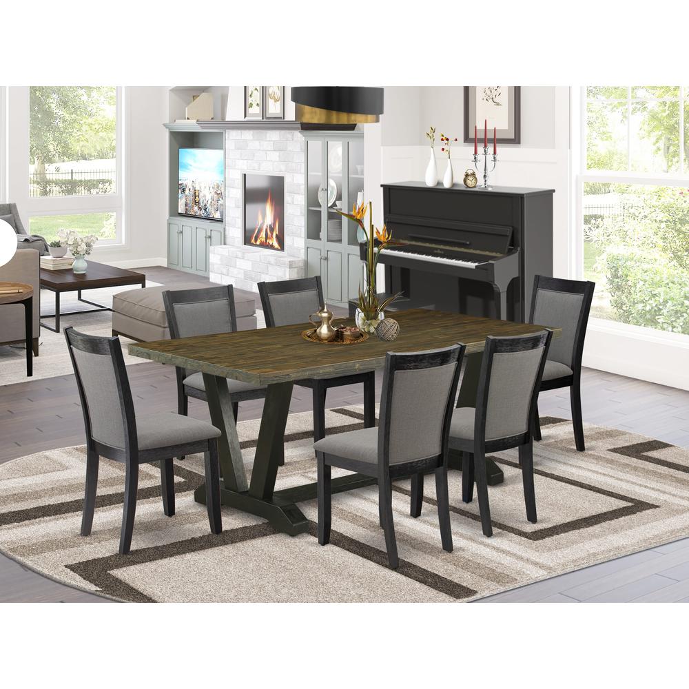 East West Furniture 7 Pc Dining Table Set - Distressed Jacobean Top Dining Table with Trestle Base and 6 Dark Gotham Grey Linen Fabric Dining Chairs - Wire Brushed Black Finish