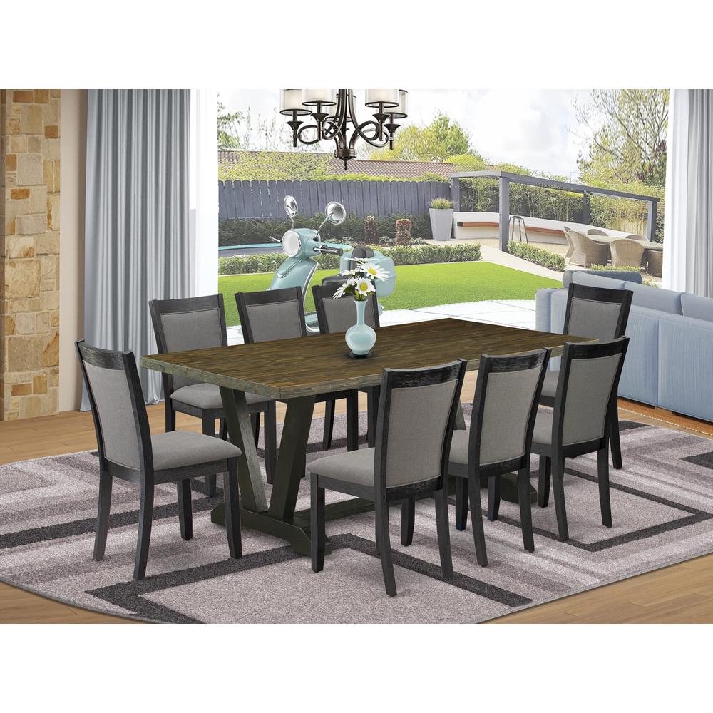 East West Furniture 9 Piece Table Set - Distressed Jacobean Top Wood Table with Trestle Base and 8 Dark Gotham Grey Linen Fabric Parson Chairs - Wire Brushed Black Finish