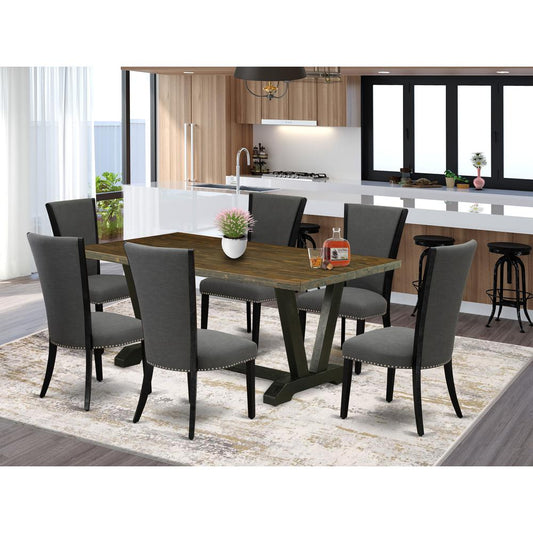 East West Furniture 7 Piece Dining Set Contains a Distressed Jacobean Dining Room Table and 6 Dark Gotham Grey Linen Fabric Parsons Chairs with High Back - Wire Brushed Black Finish