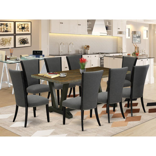 East West Furniture 9 Pc Kitchen Table Set Contains a Distressed Jacobean Dining Table and 8 Dark Gotham Grey Linen Fabric Dining Chairs with High Back - Wire Brushed Black Finish