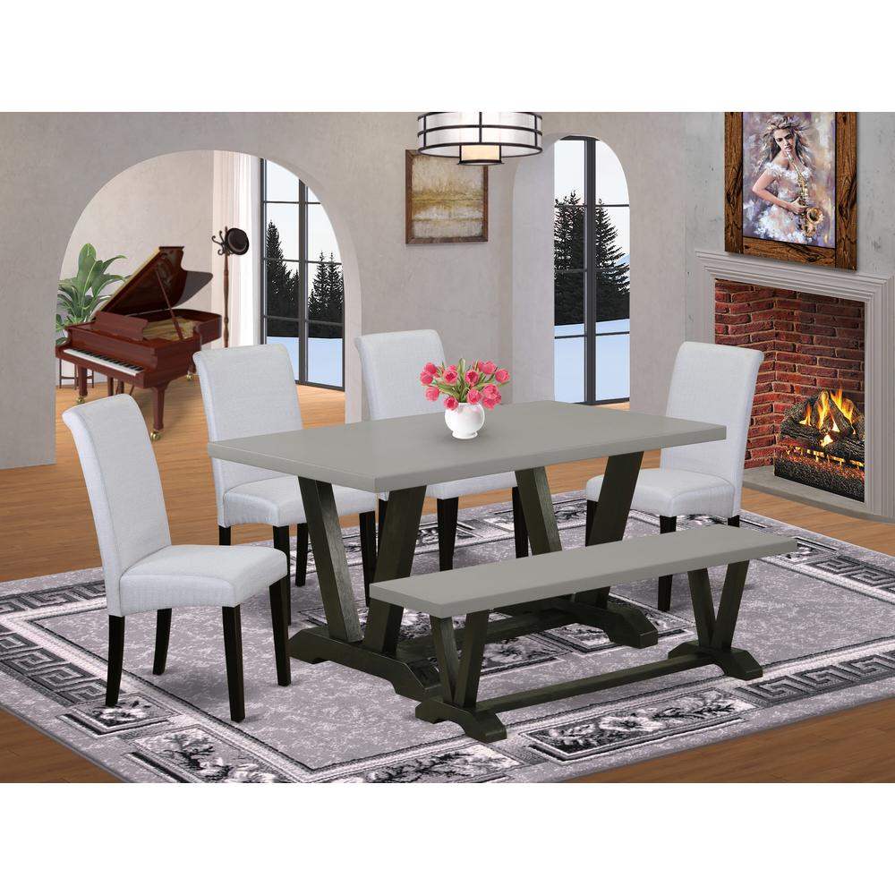 East West Furniture 6 Piece Dining Room Table Set Includes a Cement Dining Table and a Dining Room Bench, 4 Grey Linen Fabric Parsons Chairs with High Back - Wire Brushed Black Finish