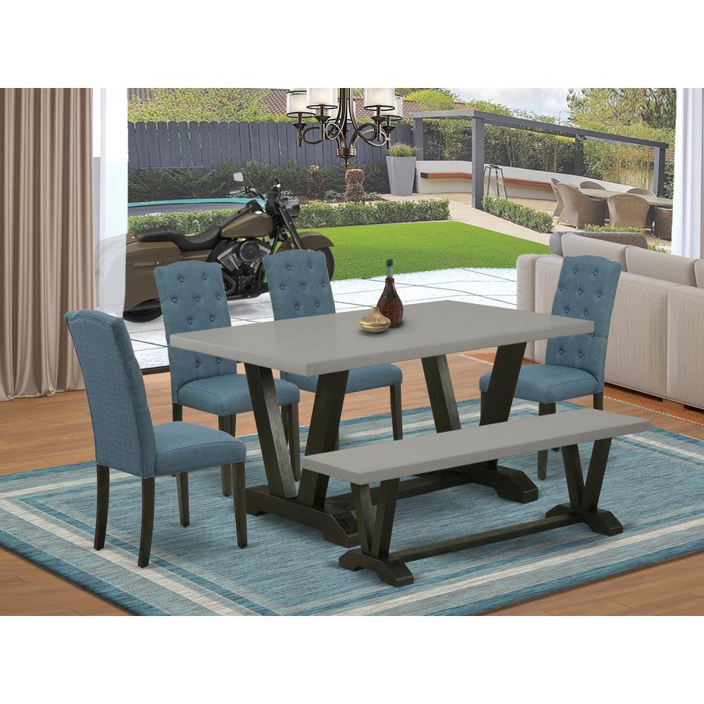 East West Furniture 6 Pc Table Set Consists of a Cement Kitchen Table and a Dining Room Bench, 4 Blue Linen Fabric Modern Dining Chairs with Button Tufted Back - Wire Brushed Black Finish