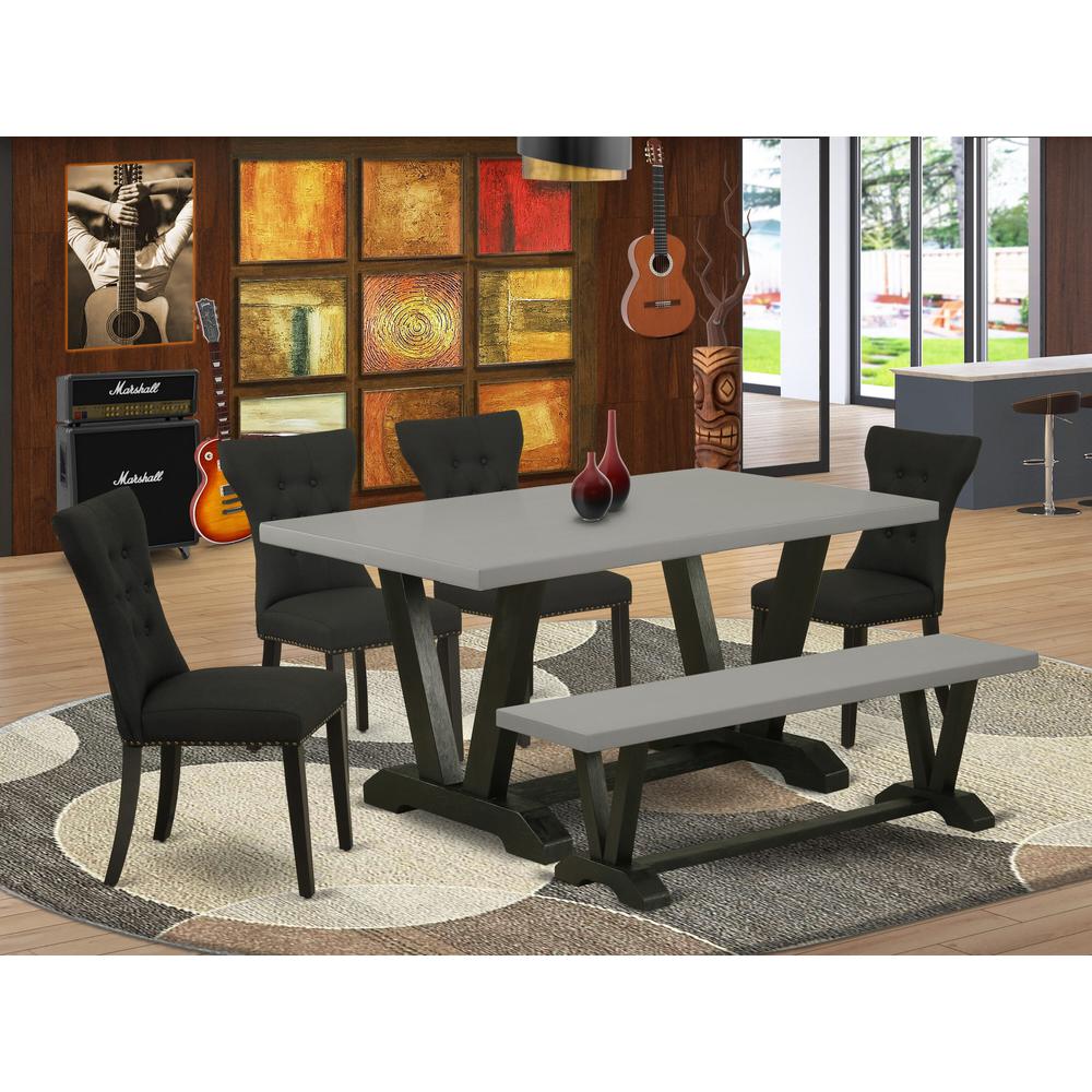 East West Furniture 6 Pc Dining Room Set Contains a Cement Rectangular Table and a Modern Bench, 4 Black Linen Fabric Dining Chairs with Button Tufted Back - Wire Brushed Black Finish