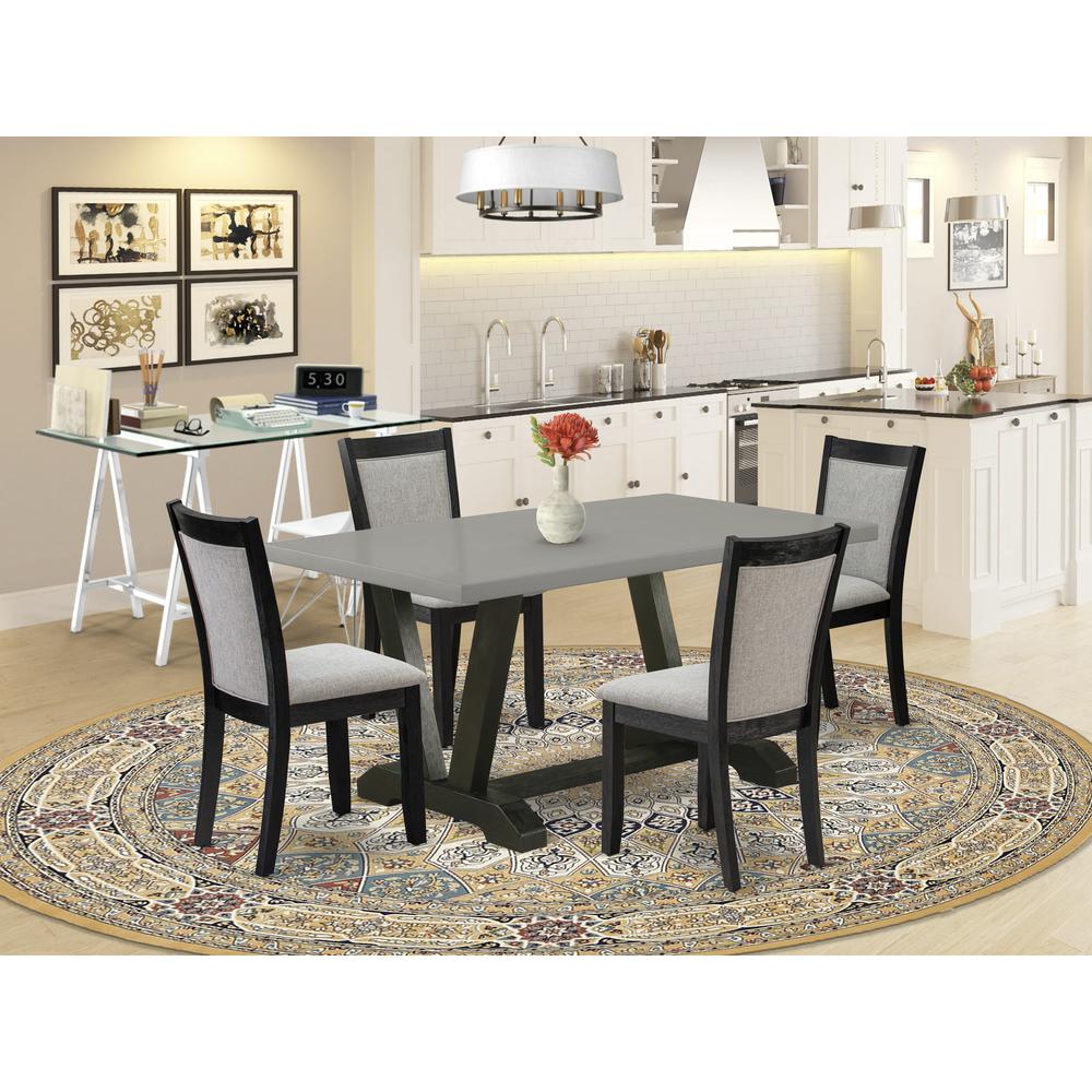 East West Furniture 5 Piece Dining Table Set - A Cement Top Modern Dining Table with Trestle Base and 4 Shitake Linen Fabric Dining Chairs - Wire Brushed Black Finish