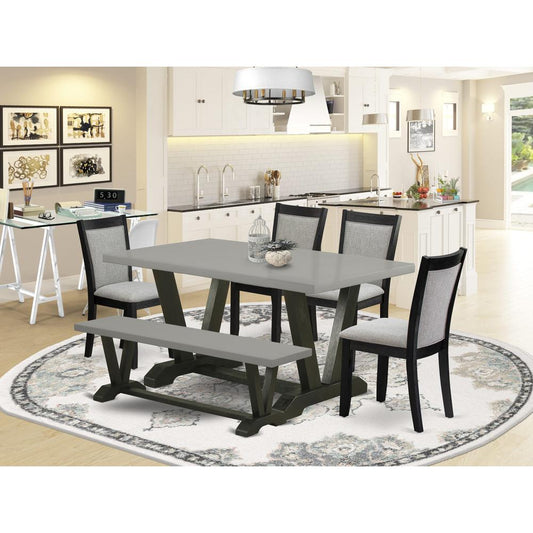 East West Furniture 6 Pc Kitchen Table Set - A Cement Top Dining Room Table with Wooden Bench and 4 Shitake Linen Fabric Upholstered Parson Chairs - Wire Brushed Black Finish