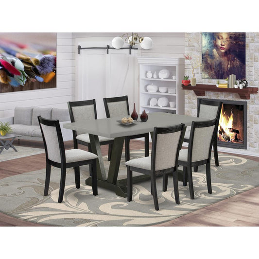 East West Furniture 7 Piece Kitchen Dining Table Set - A Cement Top Modern Dining Table with Trestle Base and 6 Shitake Linen Fabric Upholstered Dining Chairs - Wire Brushed Black Finish