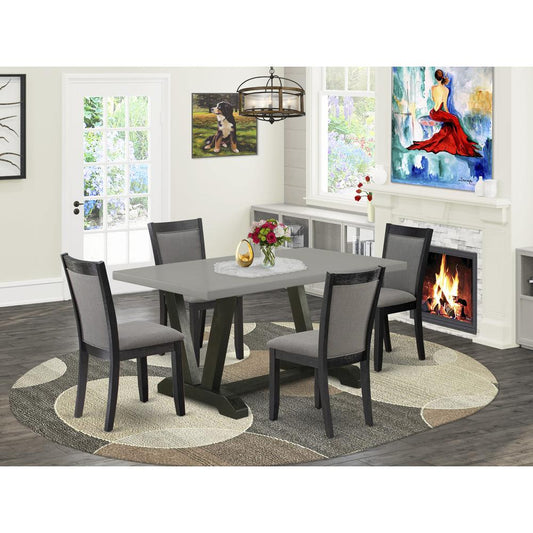 East West Furniture 5 Piece Kitchen Dining Table Set - A Cement Top Wood Dining Table with Trestle Base and 4 Dark Gotham Grey Linen Fabric Parson Chairs - Wire Brushed Black Finish