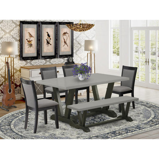 East West Furniture 6 Piece Dinner Table Set - A Cement Top Wooden Dining Table with a Small Bench and 4 Dark Gotham Grey Linen Fabric Upholstered Kitchen Chairs - Wire Brushed Black Finish