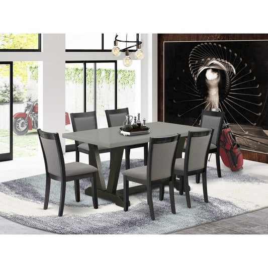 East West Furniture 7 Piece Mid Century Dining Set - A Cement Top Wood Dining Table with Trestle Base and 6 Dark Gotham Grey Linen Fabric Dining Room Chairs - Wire Brushed Black Finish