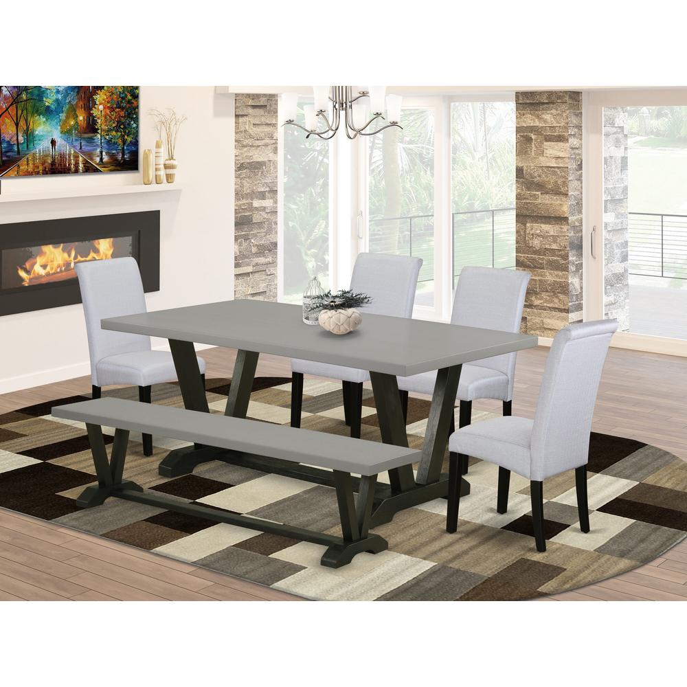 East West Furniture 6 Pc Dining Table Set Contains a Cement Mid Century Dining Table and a Modern Bench, 4 Grey Linen Fabric Parson Chairs with High Back - Wire Brushed Black Finish