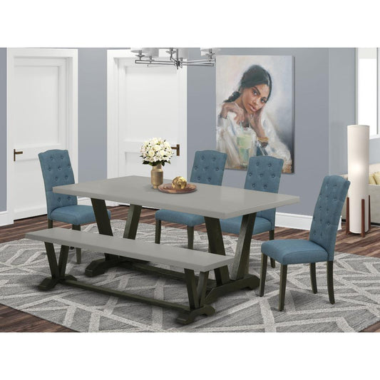 East West Furniture 6 Piece Dining Set Contains a Cement Dining Room Table and a Kitchen Bench, 4 Blue Linen Fabric Upholstered Chairs with Button Tufted Back - Wire Brushed Black Finish