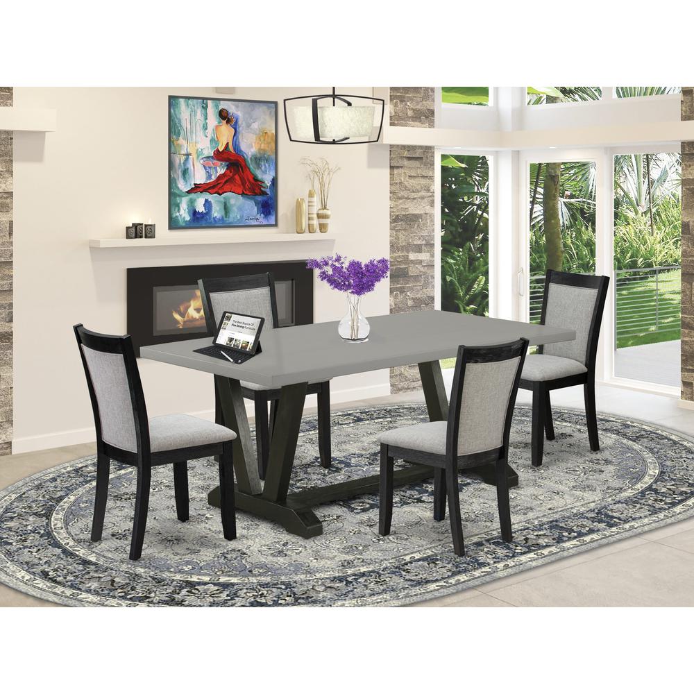 East West Furniture 5 Piece Mid Century Dining Set - Cement Top Wooden Table with Trestle Base and 4 Shitake Linen Fabric Upholstered Dining Chairs - Wire Brushed Black Finish