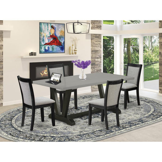 East West Furniture 5 Piece Mid Century Dining Set - Cement Top Wooden Table with Trestle Base and 4 Shitake Linen Fabric Upholstered Dining Chairs - Wire Brushed Black Finish