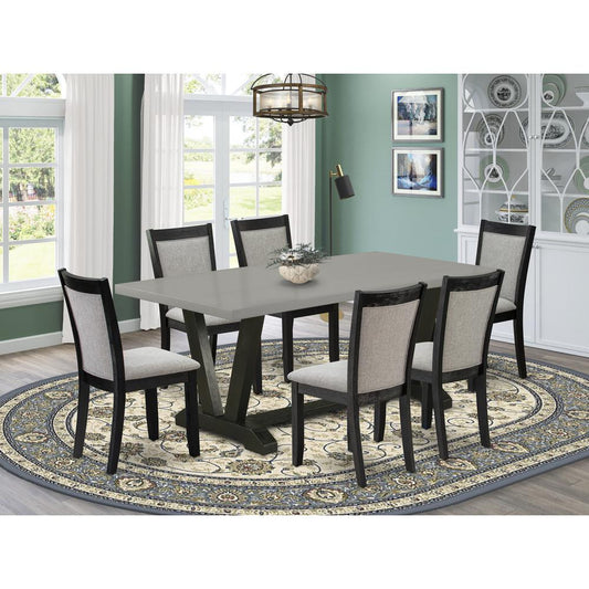 East West Furniture 7 Piece Mid Century Dining Set - Cement Top Modern Kitchen Table with Trestle Base and 6 Shitake Linen Fabric Upholstered Dining Chairs - Wire Brushed Black Finish